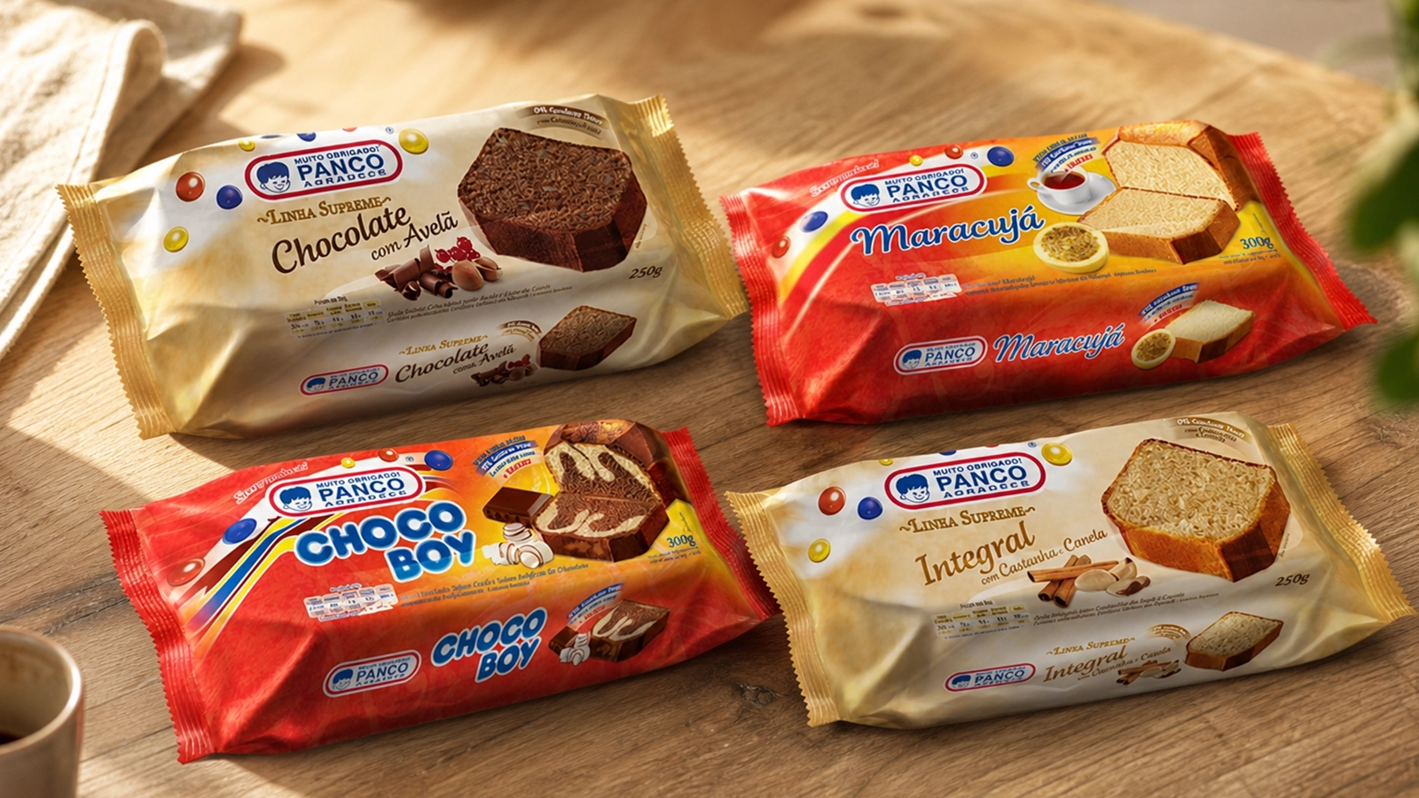 Panco — linha de bolos Chocolate com Avelã, Maracujá, Choco Boy e Integral