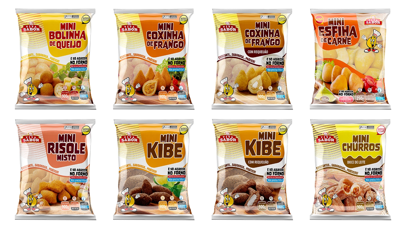 Viva Sabor — linha completa de embalagens: Bolinha de Queijo, Coxinha, Esfiha, Risole, Kibe e Mini Churros