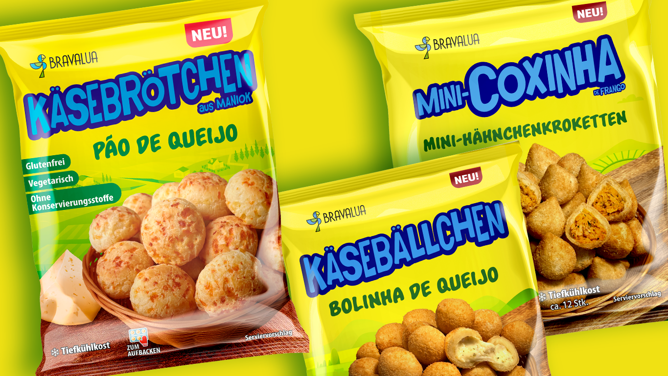 Bravalua — Käsebrötchen, Mini-Coxinha and Käsebällchen packaging