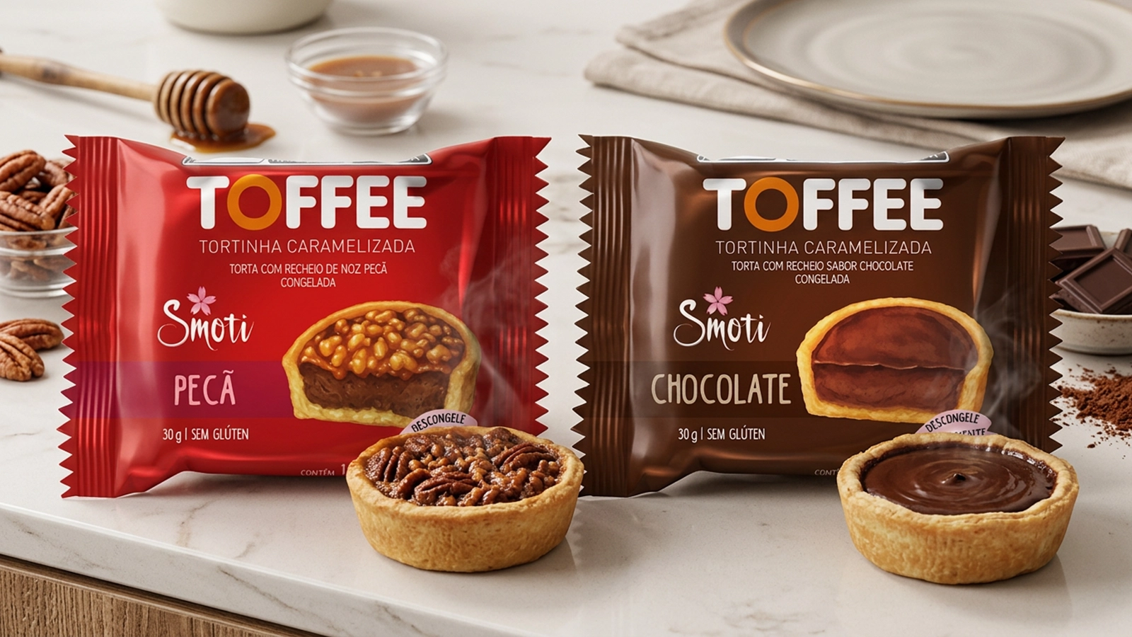 Smoti — Toffee, tortinha caramelizada sabores pecã e chocolate