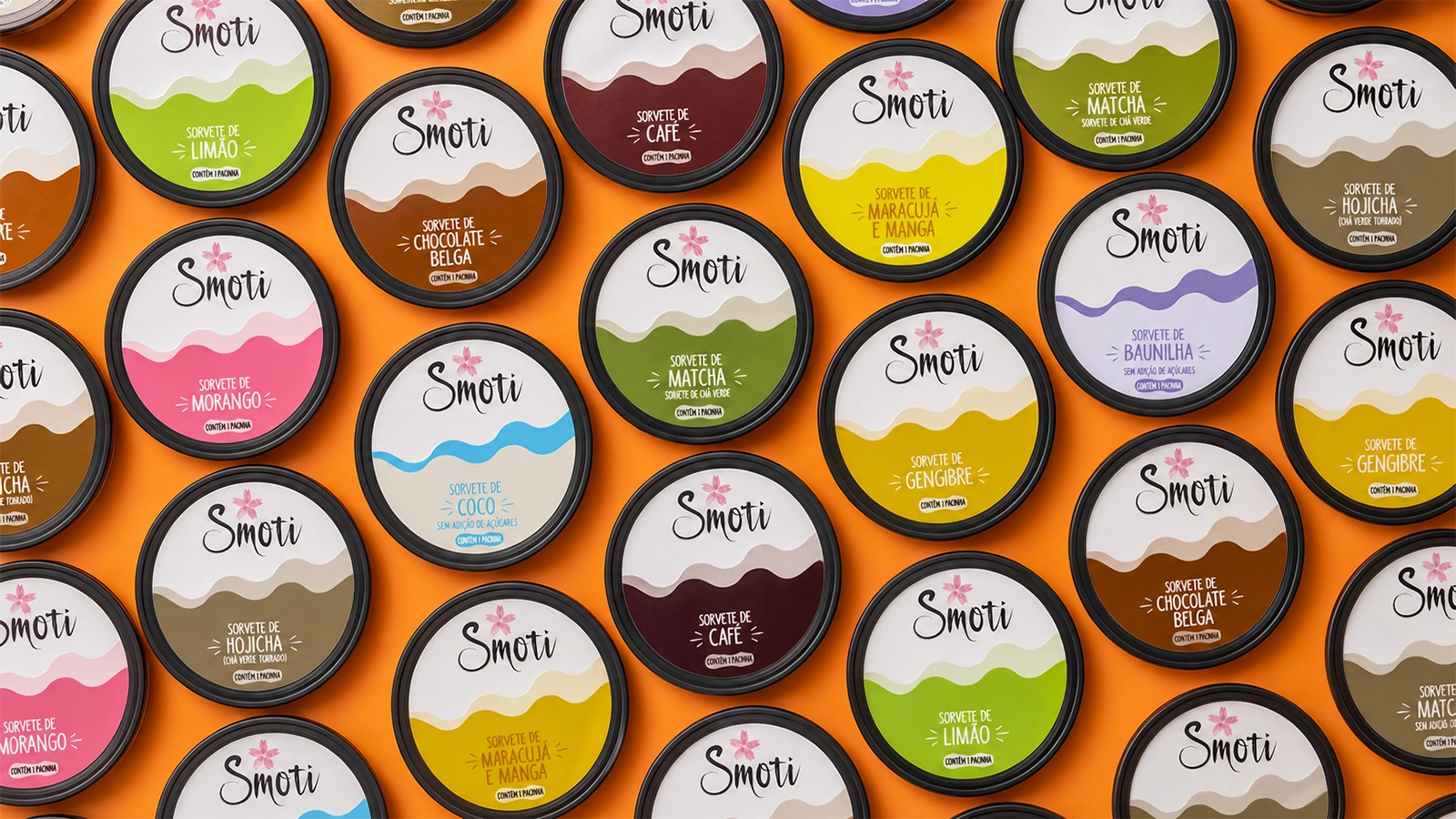 Smoti — potes de sorvete vistos de cima, vários sabores