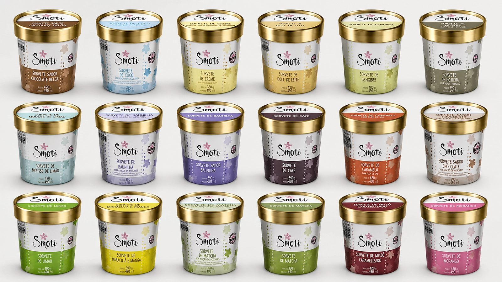 Smoti — linha completa de potes de sorvete com tampa dourada, 18 sabores